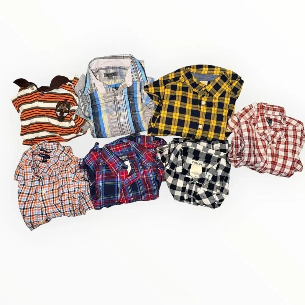 Lot of 7 Boys Plaid Button Down Shirts Size 4 Mixed Brands DKNY Cherokee Gap